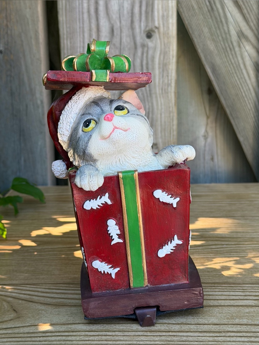 Grey White Tabby Cat In Gift Box Present Mantle Christmas Stocking Holder Hook